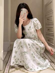 DAZY Women's Mid-Length Floral Print Nightgown, Spring/Summer - White - View 1