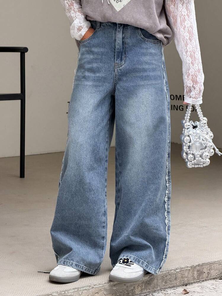 Tween Girls' Casual Washed Lace Trim Wide Leg Jeans