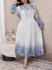 Modelyn Plus Size Women Floral Print Long Sleeve A-Line Waist Elegant Romantic Dress - Multicolor - View 1