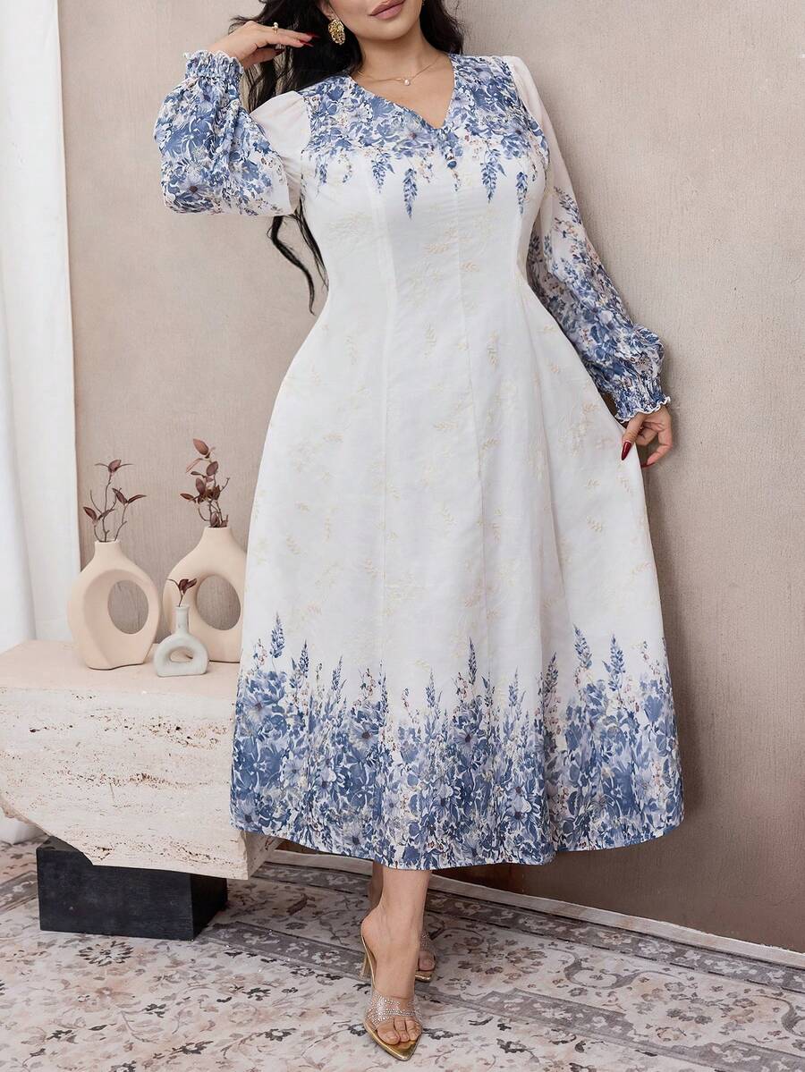 Modelyn Plus Size Women Floral Print Long Sleeve A-Line Waist Elegant Romantic Dress - Multicolor - View 1