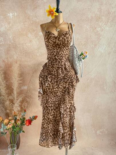 Soleia Women's Colorful Vintage Floral Print Draped Neck Layered Ruffle Hem Dress, Vacation Style,Leopard Print,Elegant Dresses For Women,Brown Dress,Vacation Outfits For Women,