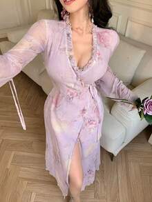 DAZY 春夏花卉蕾丝印花优雅长裙，适合情人节、婚礼、派对、正式场合，修身连衣裙 - 紫色 - 查看 5