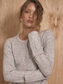 MUSERA Scoop Neck Button Through Chunky Rib Cuff Fitted Knit Cardigan Coord Top Only Winter NewYear Cute Sexy Going Out Evening Party Accented - Light Grey - View 2