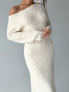 Aloruh Noua casă pentru femei Ocazional Zilnic Guler cu umeri înclinați Linie de cuvinte Călduță, subțire, cu mâneci lungi, tricotate de pluș, rochii albe de pulover, toamnă/iarnă - alb - Vizualizare 4