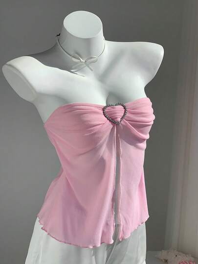 Comfortcana Women's Heart Pattern Pink Bandeau Top, Summer For Women