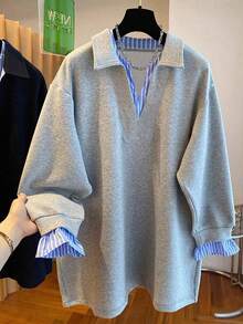 Resyla Plus Size Women Striped Patchwork Casual Loose Long Sleeve Sweatshirt - Grey - View 1