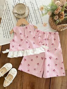 SHEIN 女婴可爱度假休闲条纹荷叶边吊带背心和松紧腰裤套装 - 彩色 - 查看 2