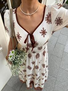 Elyressa 优雅夏季长款连衣裙，织纹印花设计，适合女性 - 杏色 - 查看 3