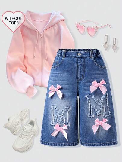 Tween Girls' Denim Shorts, Cute & Sweet Casual Fashion Recommendation! Classic Washed Blue Denim, Comfortable Fabric, Bow Decor On Leg For Playful Look, Elastic Waistband + Fake Chain Design For Easy Wear, Straight Leg Style Flatters Legs. Suitable For Daily Outings, Campus Casual, Weekend Trips, Back To School Season, Vacations, Etc. Keeps Kids Stylish And Energetic Every Day!