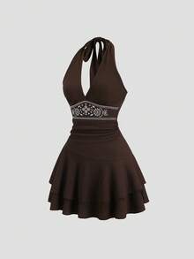 SHEIN Sweetro Đầm chữ A ngắn màu nâu thêu hoa, cổ buộc dây, viền bèo nhún, thích hợp cho các bữa tiệc Giáng sinh, Năm mới, Lễ Tạ ơn, mùa xuân, hè, thu, đông. - màu nâu - Xem 5