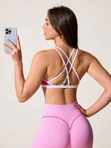 SHEIN Sovereign Charm Seamless Knit Women's Adjustable Strap Removable Contrast Color Sports Bra - Hot Pink - View 2