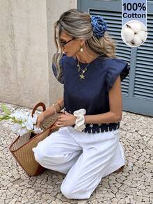 Serisse 女士夏季度假休闲100%纯棉花卉刺绣荷叶边下摆衬衫，撞色刺绣花卉衬衫，飘逸袖子，适合度假和外出，刺绣上衣，网纱抹胸上衣，刺绣上衣，沙滩度假装，波西米亚风上衣，外出上衣，女士休闲，夏季，嘉年华女装，2026年夏季假日 - 彩色 - 查看 4