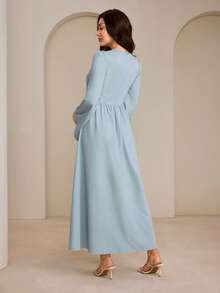 Graceveil Vestido largo con cuello redondo, mangas acampanadas y cintura ceñida en azul claro con aplicaciones de colores, estilo árabe minimalista para mujer - Celeste - Ver 2