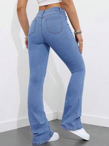 SHEIN EZwear Light Wash Denim Plus Size Flare Leg Jeans With Zipper Detail Extra Long - Light Wash - View 2