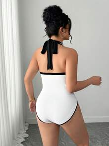 Elenzga 大码女士优雅简约夏季新款黑白性感深V领露背连体衣，适合海滩和度假 - 黑與白 - 查看 3