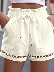EMERY ROSE 2025 Plus Size Women Frill Trim Waist Tie Pocket Floral Shorts, Summer - Apricot - View 1