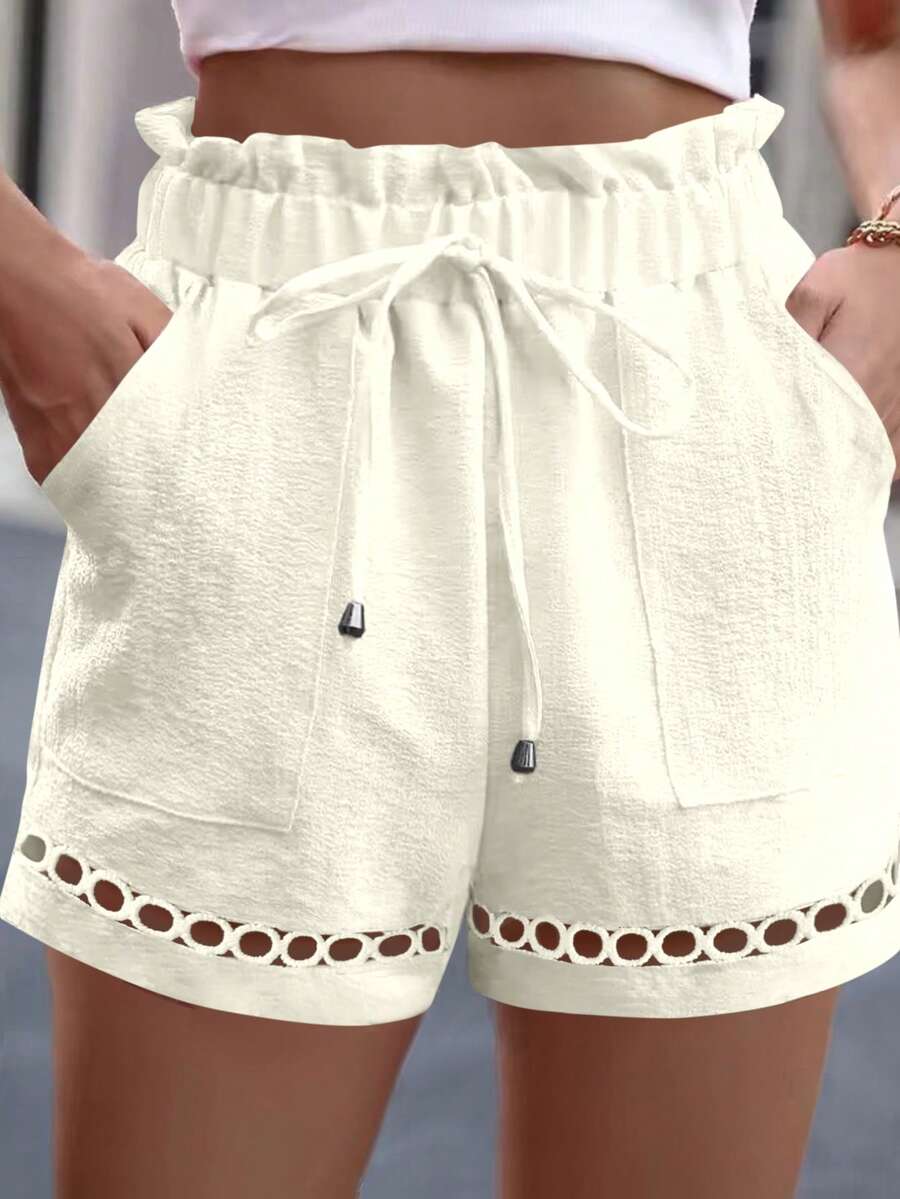 EMERY ROSE 2025 Plus Size Women Frill Trim Waist Tie Pocket Floral Shorts, Summer - Apricot - View 1