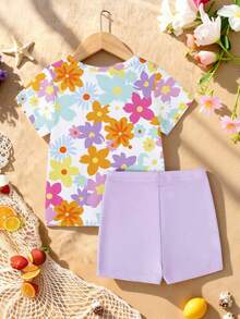 春夏服装：休闲、时尚、创意、清新、简约、色彩缤纷的花卉印花，基本款短袖T恤和骑行裤套装 - 舒适温暖的夏秋款式，适合春、夏、秋季女婴的日常运动装。 - 彩色 - 查看 2