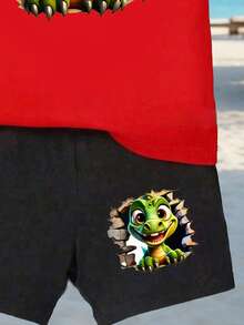 2件套幼儿男童休闲恐龙图案印花短袖T恤和短裤套装，舒适日常穿着，春夏款 - 彩色 - 查看 6