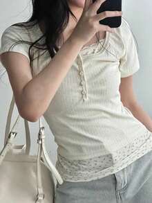 DAZY 女士拼接二合一修身短袖T恤，白色，春夏款 - 白色 - 查看 3