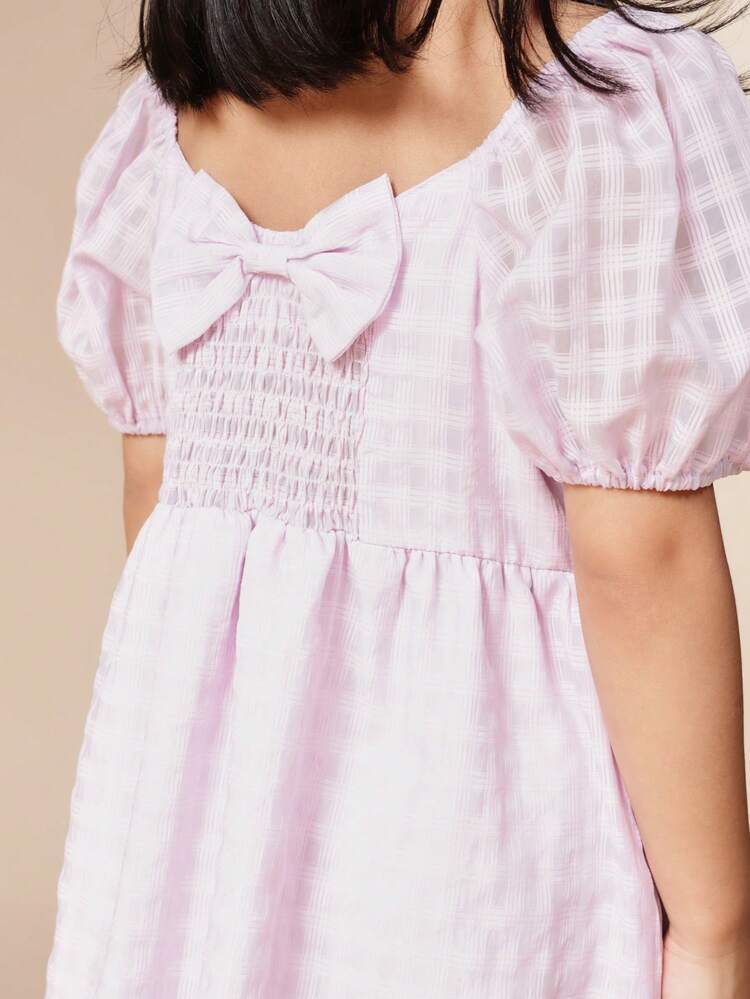 Checked Puff Sleeve Square Neck Midi Dress