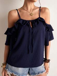 Freevana Blusa bohemia azul con hombros descubiertos y volantes, con manga corta texturizada y cordón, blusa holgada y favorecedora de gasa para vacaciones y trabajo, versátil para el verano, blusas con hombros descubiertos para mujer - Azul Marino - Ver 6