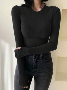 Dazy-Less Women's Basic Round Neck Black T-Shirt, Slim Fit, Suitable For Spring, Summer, Valentine's Day, Office Wear