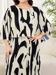 Reflora 大码女式印花圆领七分袖休闲宽松连衣裙 - 黑與白 - 查看 6