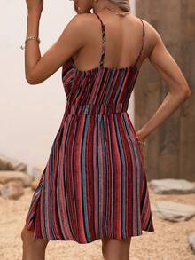 LanaWest Đầm hai dây in sọc, trang phục đi biển nghỉ mát cho nữ - Đỏ - Xem 2