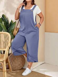 EMERY ROSE Plus Size Women'S Black Overalls With Adjustable Straps, Button Closure And Pockets On Split Legs For Spring Summer Outfits Summer Clothes  Spring  Spring Outfit Women Spring Clothes Country Style For Women Blue Jumpsuit Plus Size Casual Jumpsuits For Woman Summer Jumpsuits For Woman - Dusty Blue - View 4