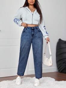SHEIN ICON Plus Size Casual Washed High Waist Tapered Jeans - Dark Wash - View 3
