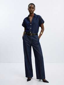 Maija Women's Casual Daily Commute Fashion Street Chic V-Neck Roll Tab Sleeve Loose Denim Shirt And Wide Leg Jeans Set, Spring/Summer/Autumn - Dark Wash - View 4