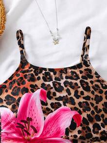 SHEIN 少女蓝白度假风碎花侧边蝴蝶结装饰休闲连体泳衣带罩裙 - 玫紅色 - 查看 3