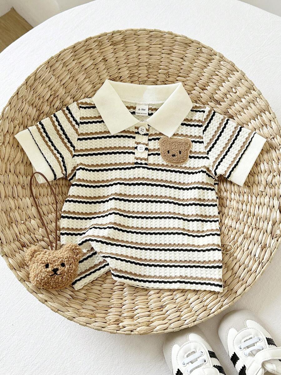 SHEIN Playful Pals Baby Boy Classic Green Waffle Fabric Apricot Polo Shirt, White Contrast Buttons Half Placket Short Sleeve Casual Top, Summer Streetwear Activewear For School, Holiday, Outdoor Retro Vintage, Baby Boy Clothes, Polo Boy For Baby Baby Clothes ,Toddler Button Up Boy Baby Clothes Toddler Clothes,6M-3T - Khaki - View 1