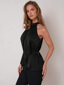 COSMINA 女士优雅腰带高领褶皱缎面无袖背心，通勤和日常穿着皆宜，四季皆可 - 黑色 - 查看 6