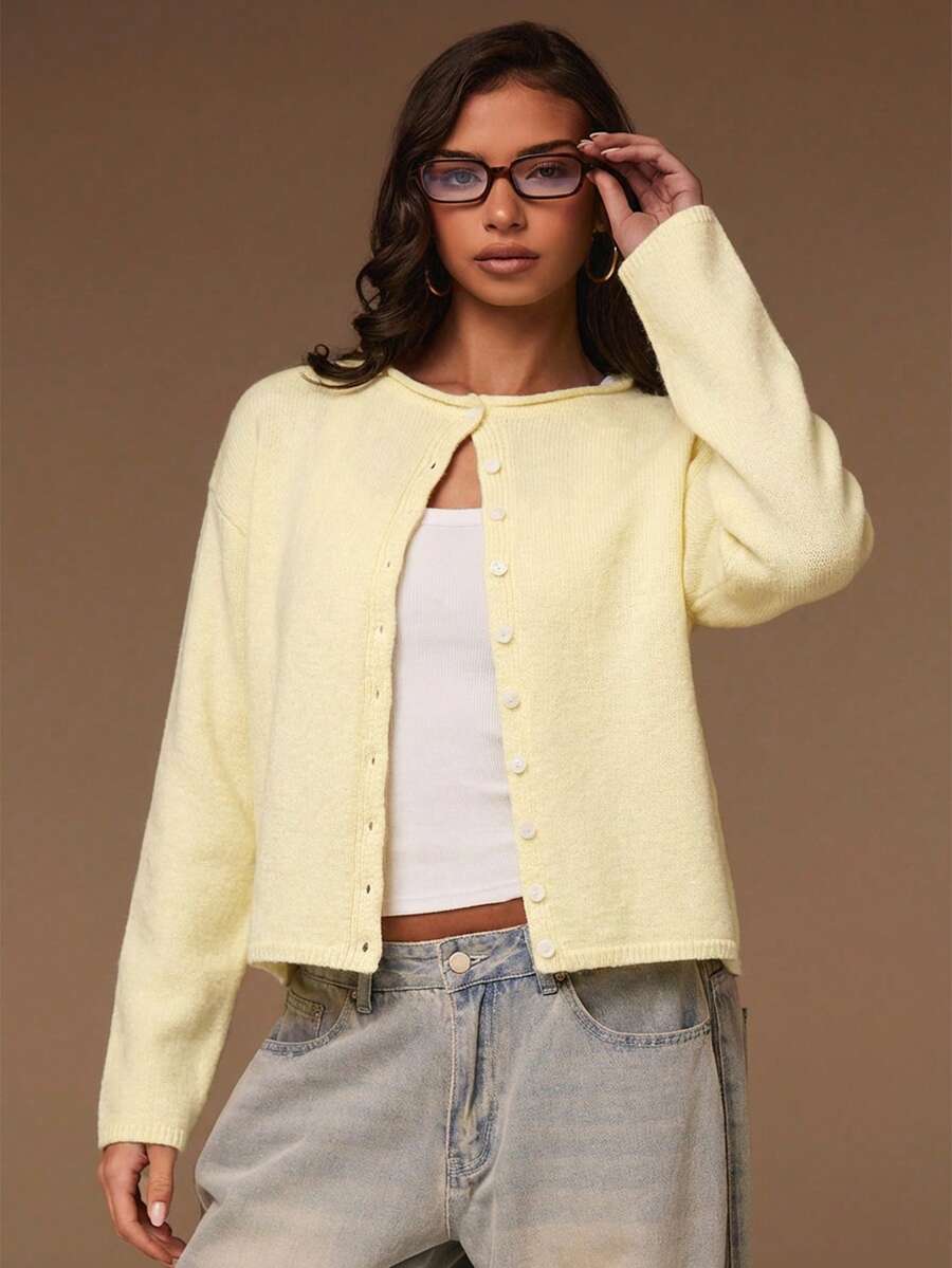 Athîral 女士纯色落肩长袖单排扣休闲针织开衫，秋冬款 - 淡黃色 - 查看 1