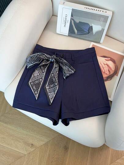 SHEIN Elenzya Women's Casual Daily Wear Silk Scarf Decor Navy Blue Shorts, Summer