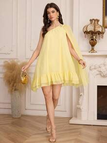 Modelyn Women's Solid Color Metal Decor Asymmetric Neckline Short Dress - Yellow - View 5