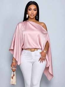 SOLERSUN Women's Elegant Sexy Flowy Asymmetric Shoulder Cape Sleeve Asymmetric Hem Satin Blouse - Dusty Pink - View 1