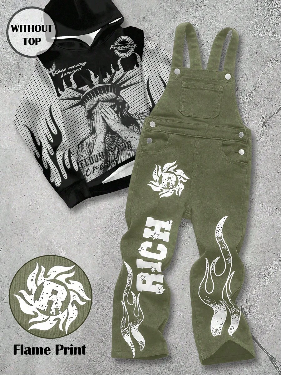 男童字母图案休闲牛仔背带裤 - 軍綠色 - 查看 1