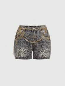 ROMWE Grunge Punk Spring And Summer Punk Y2K Leopard Print Metal Rhinestone Chain Decor Mini Denim Shorts, Subculture Leopard Punk Plus Size Denim Shorts - Black - View 1