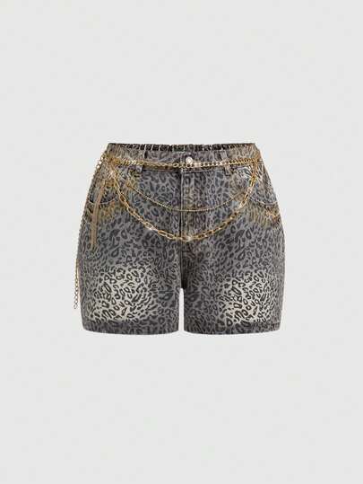 ROMWE Grunge Punk Spring And Summer Punk Y2K Leopard Print Metal Rhinestone Chain Decor Mini Denim Shorts, Subculture Leopard Punk Plus Size Denim Shorts