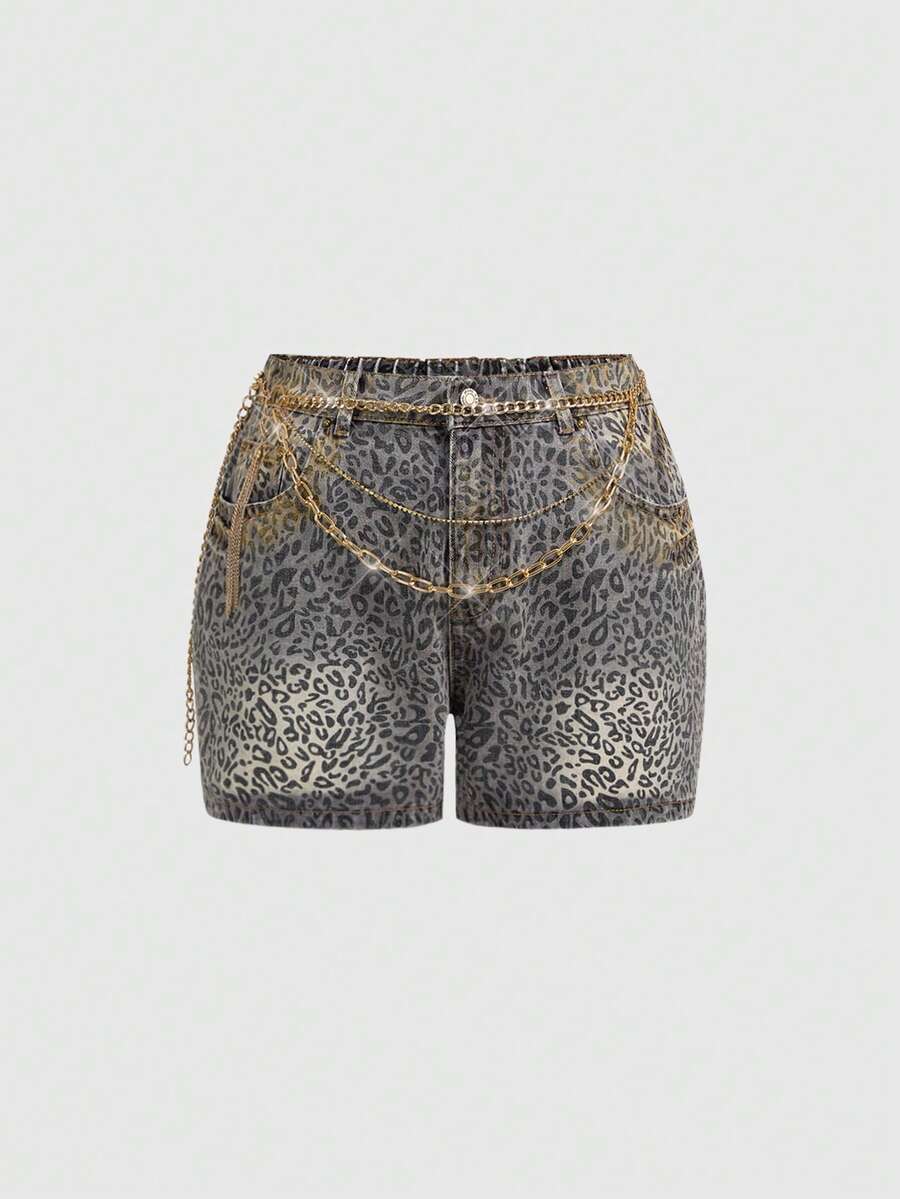 ROMWE Grunge Punk Spring And Summer Punk Y2K Leopard Print Metal Rhinestone Chain Decor Mini Denim Shorts, Subculture Leopard Punk Plus Size Denim Shorts - Black - View 1