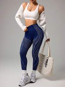 Dewbera 无缝针织撞色条纹科技设计紧身裤 - 藏蓝色 - 查看 6