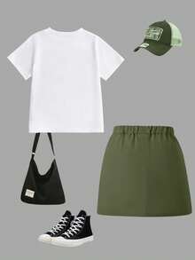 2件/套（6件）少女休闲时尚创意个性简约朋克摇滚女孩图案，卡通人物女孩喜爱，简约英文标语，舒适圆领T恤搭配迷你裙套装。6件随机发货，适合春夏穿着，轻盈舒适，秋冬叠穿的理想之选，时尚休闲穿搭，返校季、聚会、户外野餐、街头摄影、校园、节日、送礼佳品。 - 彩色 - 查看 2