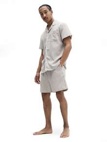 SUMWON Striped Button Front Pajama Set Short Sleeve Shirt With Matching Shorts Sleep Set Classic Relaxed Fit Sleepwear Summer Comfort 2 Pcs Nightwear - Khaki - View 7