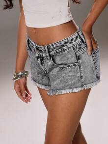 TRNVIE 女士休闲水洗低腰牛仔短裤，夏季 - 灰色 - 查看 5