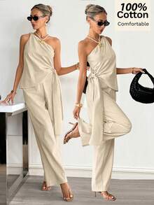 Siren Gaze Bộ trang phục nữ bằng cotton, kiểu dáng thường ngày, lệch vai, có khóa kim loại. - Màu be - Xem 7