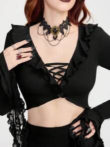 Breakform 女士哥特式性感V领荷叶边撞色蕾丝喇叭袖露脐上衣，带系带 - 黑色 - 查看 7
