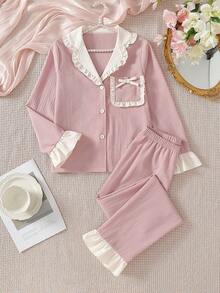 2pcs Tween Girls Elegant Ruffle Trim Floral Print Pants And Long Sleeve Top Pajama Set, Summer Two Piece Sleepwear Set Pajamas Set Two Piece Tween Girls Pink Woven Fabric Pajama Set With Ruffled Lapel Collar And Long Sleeves Cute Two Piece Sleepwear - Pink - View 1